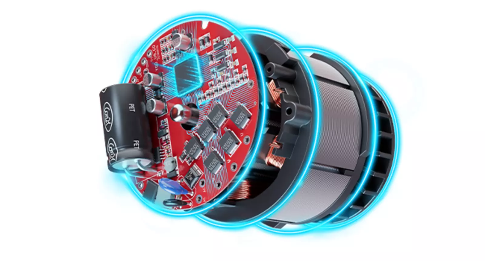Depiction of a Brushless motor with visible electronics and rotating structure.