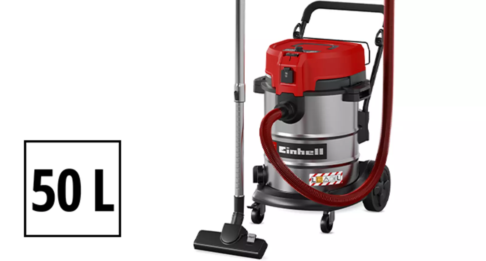 Der Einhell Nass-Trockensauger TE-VC 5090 SACL mit großem, rostfreiem Edelstahlbehälter und angeschlossenem Saugschlauch.