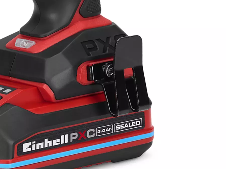 Close-up of the belt clip on the Einhell TP-CDD 18/70 1-C Li-i +70 (3Ah) cordless hammer drill/driver on the side of the tool.