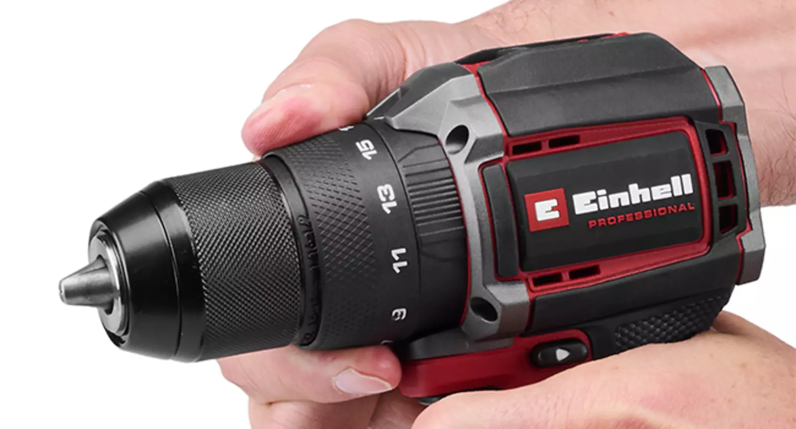 The Einhell Professional cordless impact drill TP-CD 18/50-C Li-i BL (2x3Ah) featuring a detailed view of the rotating adjustment ring for torque settings and operating modes behind the chuck on a white background.