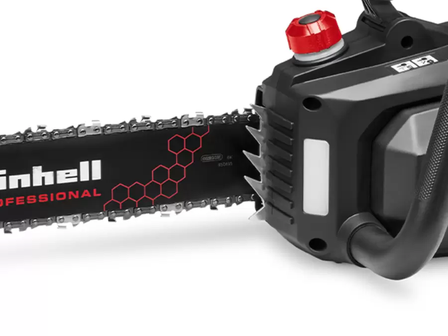 Close-up of the bumper spike on the Einhell Professional 36V Brushless 400mm Chainsaw.
