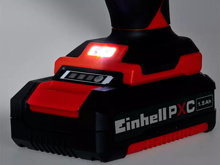 Activated LED light on the lower section of the Einhell cordless drill driver TC-CD 18/35 Li.