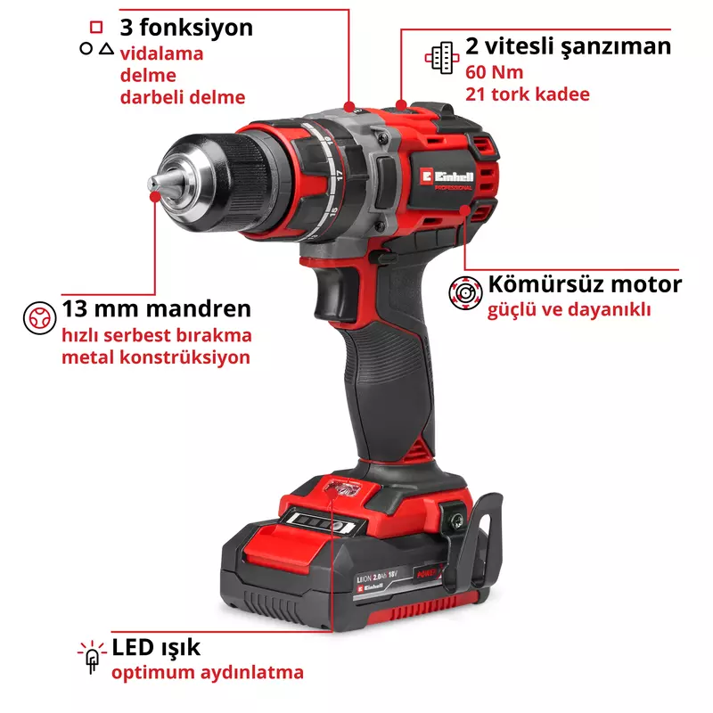 Einhell Akülü Darbeli Vidalama TP-CD 18/60 Li- i BL (1x2,0Ah)