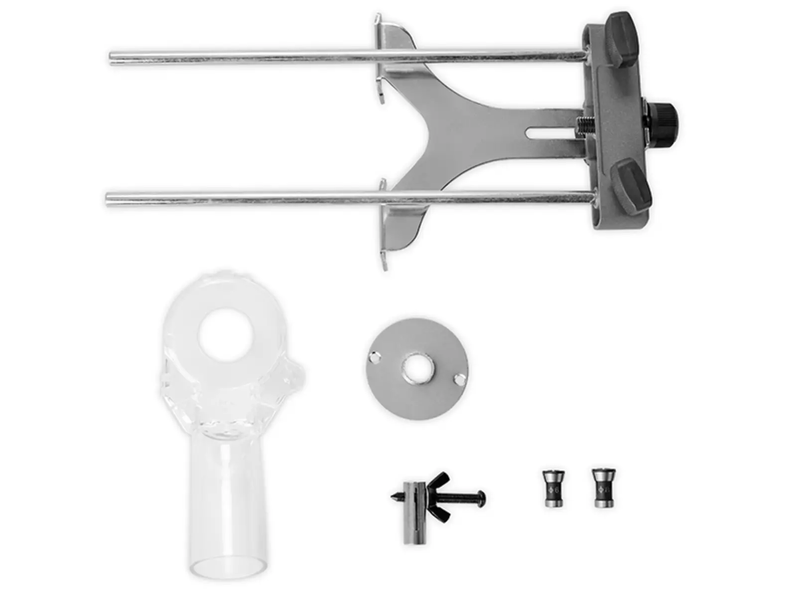 Das Zubehör der Einhell Akku-Oberfräse TP-RO 18/55 Li BL - Solo auf weißem Hintergrund, bestehend aus Parallelanschlag, Absaugadapter, Kopierring, Zentrierspitze und zwei Spannzangen.