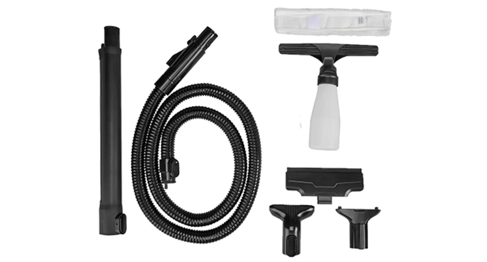 Fenster-Set für den Einhell Akku-Waschsauger TE-SCL 18/1100 Li-S BL-Solo mit Verlängerungsrohr, Schlauch, Saugdüse, Sprühflasche, Wischpad und Adaptern.