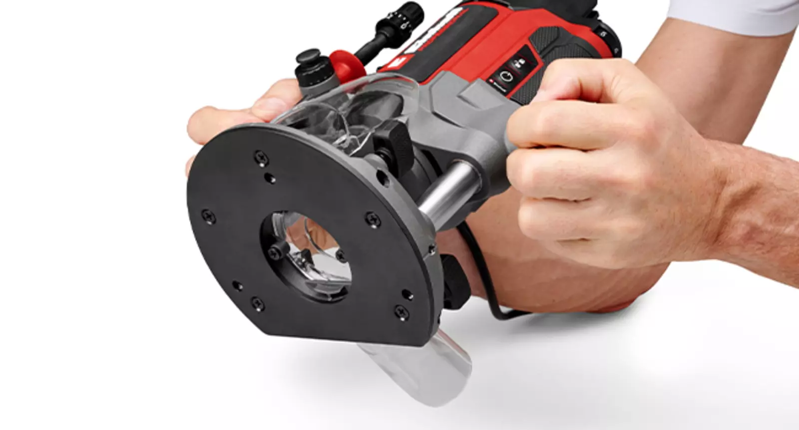 Underside of the Einhell TP-RO 1400 E router with visible plastic insert to protect sensitive workpieces.