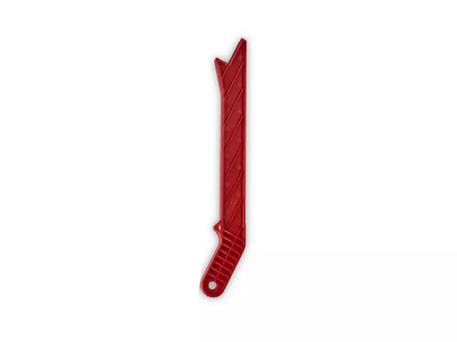 Red plastic push stick of the table saw TE-TS 10 T on white background.