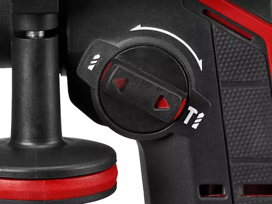 Vista de perto do seletor de funções do Einhell martelo perfurador a bateria TP-HD 18/17-C Li BL - Solo para os modos de perfuração e perfuração com impacto.