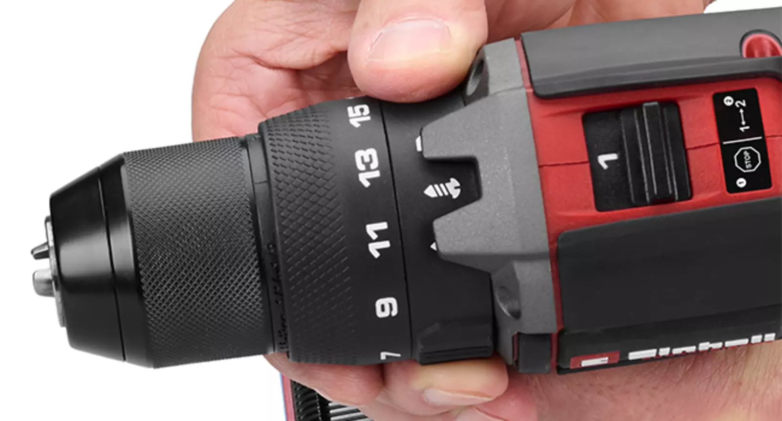 The Einhell TP-CDD 18/70 1-C Li-i +70 (3Ah) cordless impact drill/driver with visible adjustment of the 3 functions: drilling, screwdriving and hammer drilling.