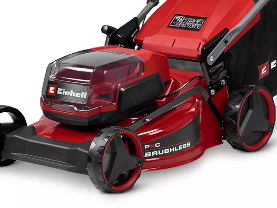 Side view of the Einhell cordless lawn mower GC-CM 36/46 S Li BL (2x 4.0 Ah) featuring a durable steel deck.