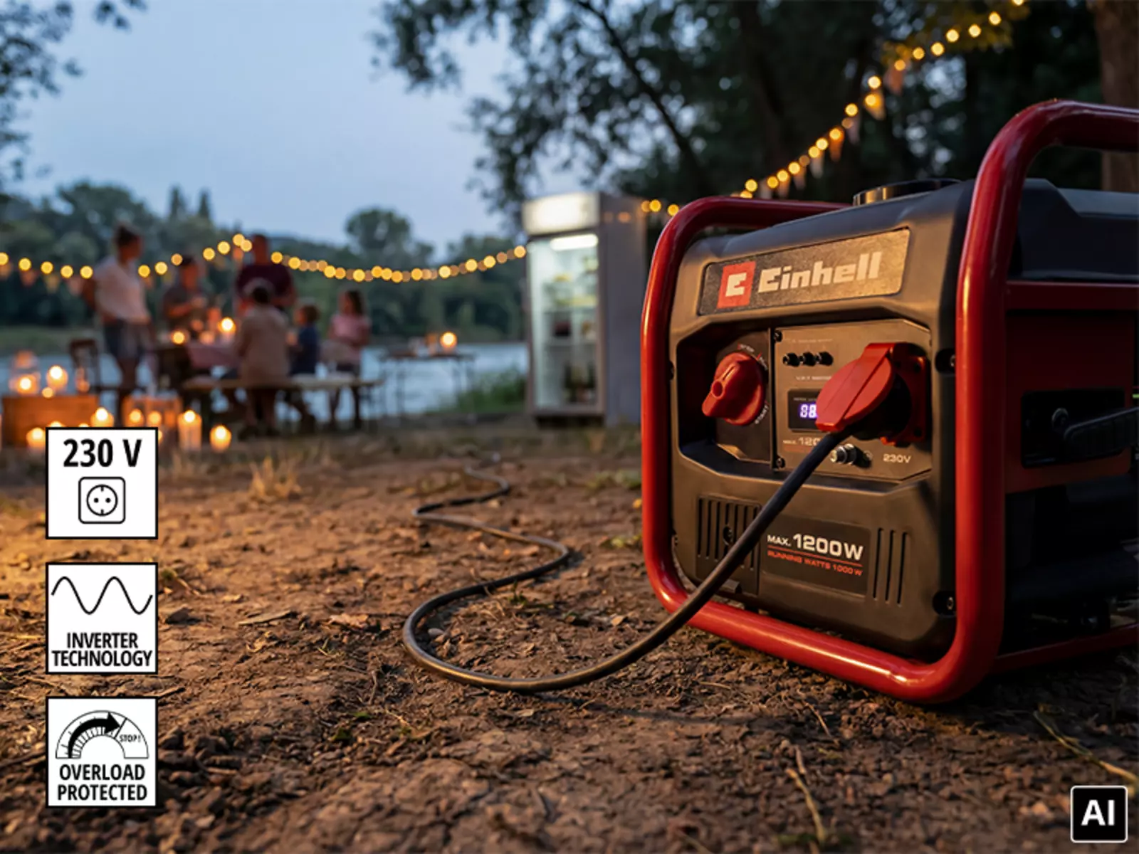 O gerador Einhell TC-IG 1200 está ao ar livre com cabo, iluminado por luzes decorativas; indicações “230 V”, “Inverter Technology”, “Overload Protected”.