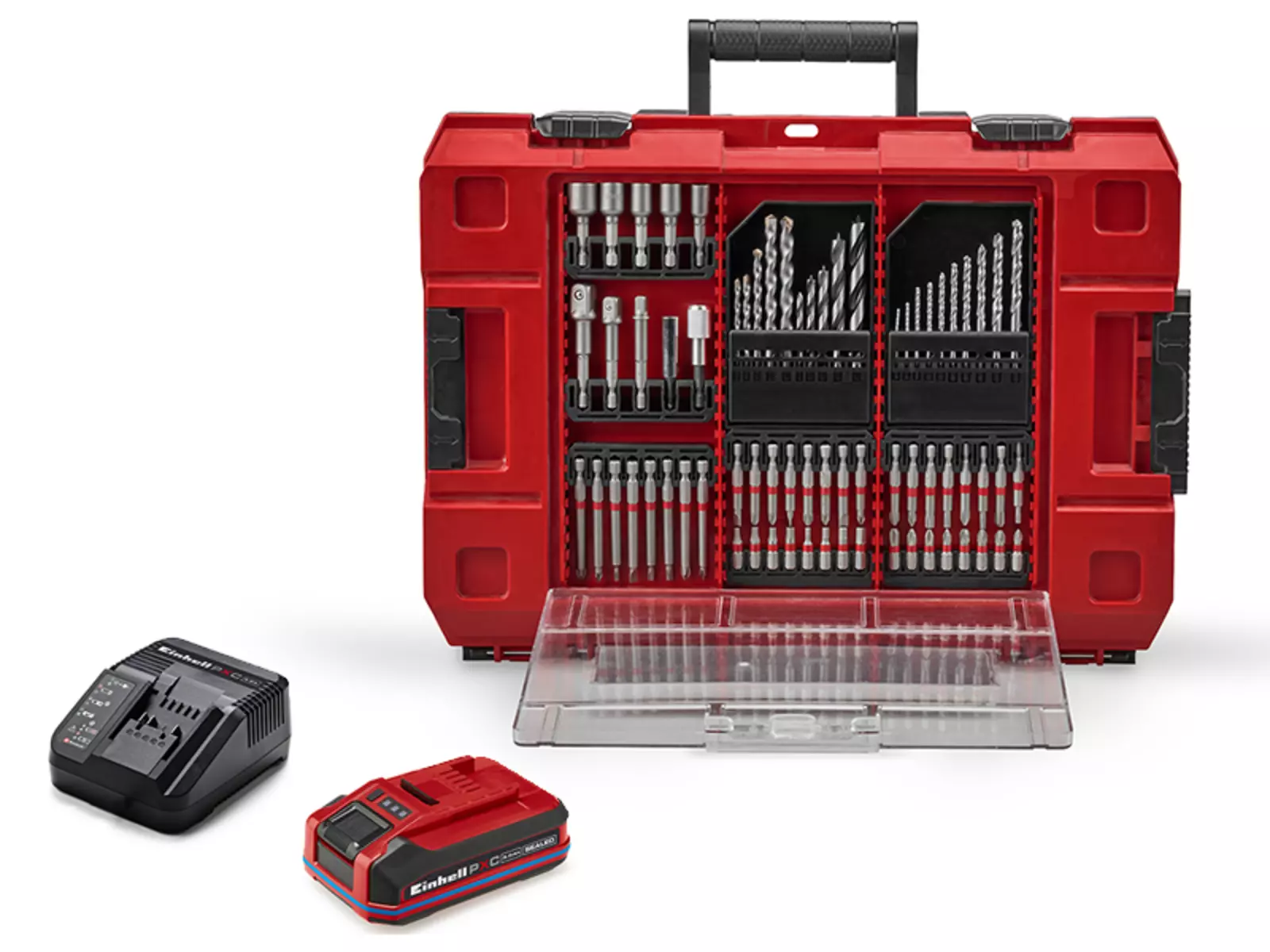 The Einhell TP-CDD 18/70 1-C Li-i +70 (3Ah) cordless impact drill/driver in a set with 70 accessories, Power X-Change battery and charger in front of an open red tool case with drill and screwdriver bits.