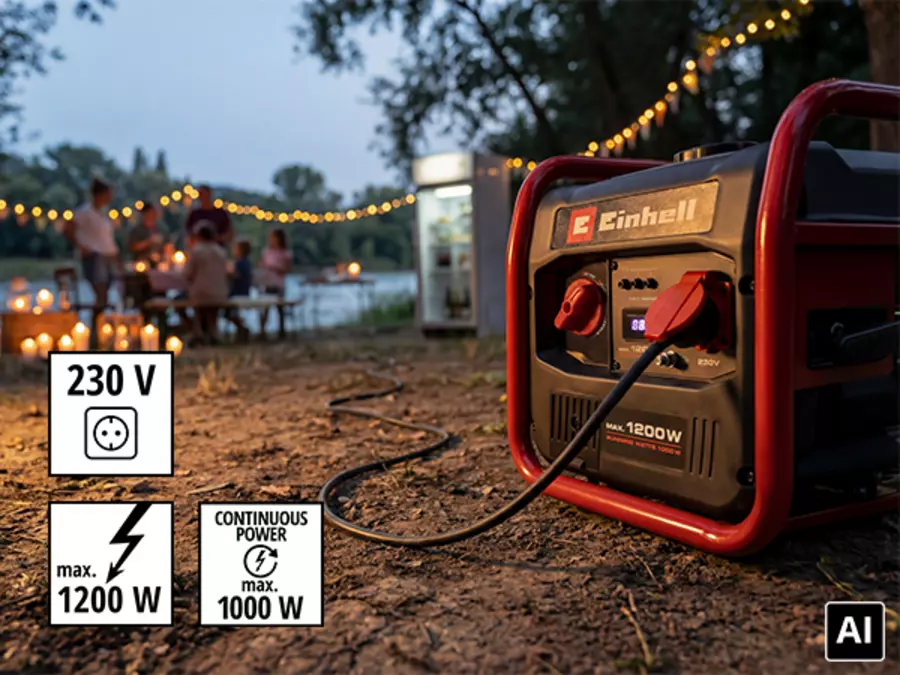 O gerador Einhell TC-IG 1200 está ao ar livre com cabo, iluminado por luzes decorativas; indicações “230 V”, “1200 W”, “Inverter Technology”, “Overload Protected”.