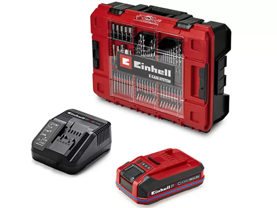 Accessories for the Einhell Professional Cordless Impact Drill Driver TP-CDD 18/501-C Li-i +70 (3Ah): E-Case with 70-piece accessory set, charger and 3.0 Ah battery.