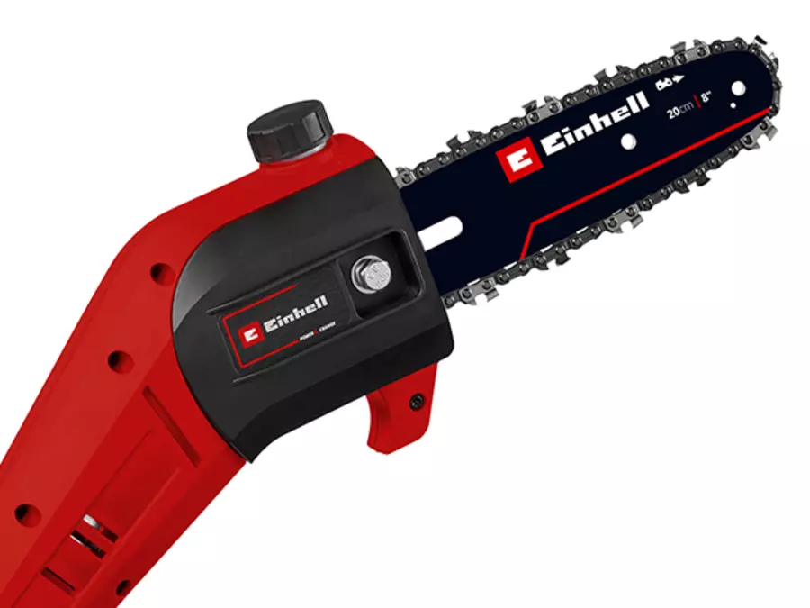 Nahaufnahme des Hochentaster-Aufsatzes am Einhell Akku-Multifunktionswerkzeug GC-HC 18/4520 Li T-Solo mit Asthaken und Schwert mit Aufschrift „Einhell 20cm / 8"“.