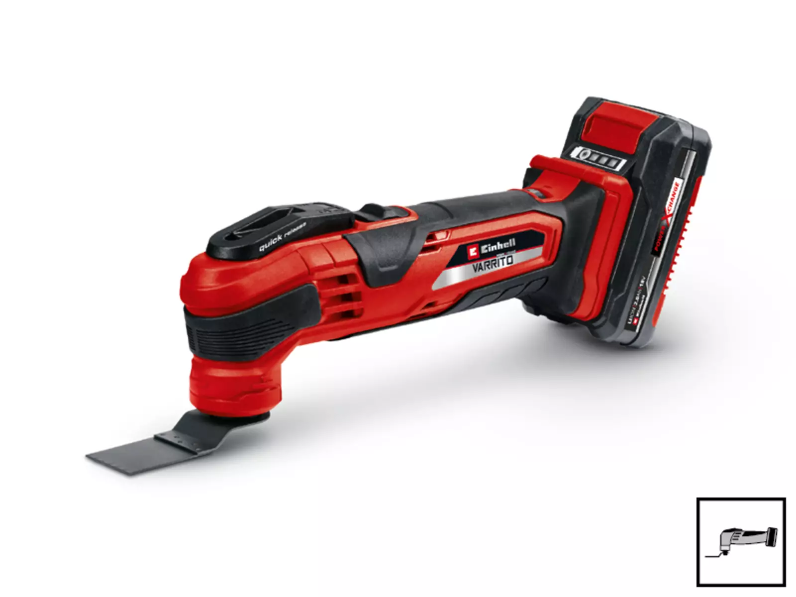 A cordless red and black Einhell multifunction tool in side view with a mounted black plunge saw blade and a multitool pictogram at the bottom right.