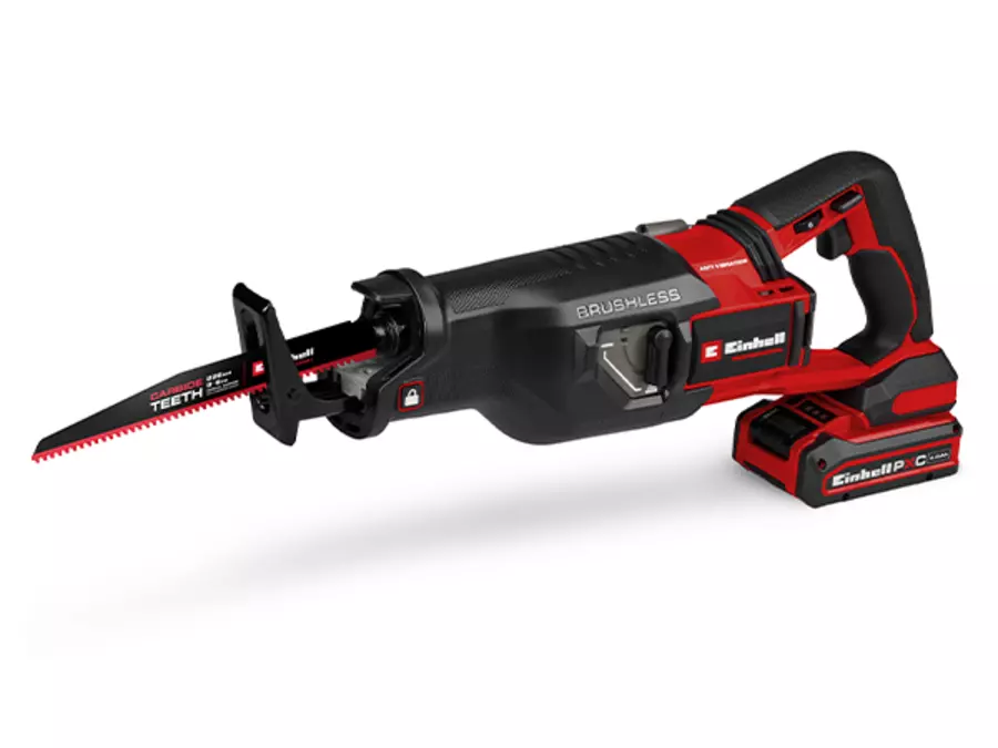 The Einhell cordless universal saw TP-AP 18/32 BL BREAKER Kit with inserted saw blade on a white background.