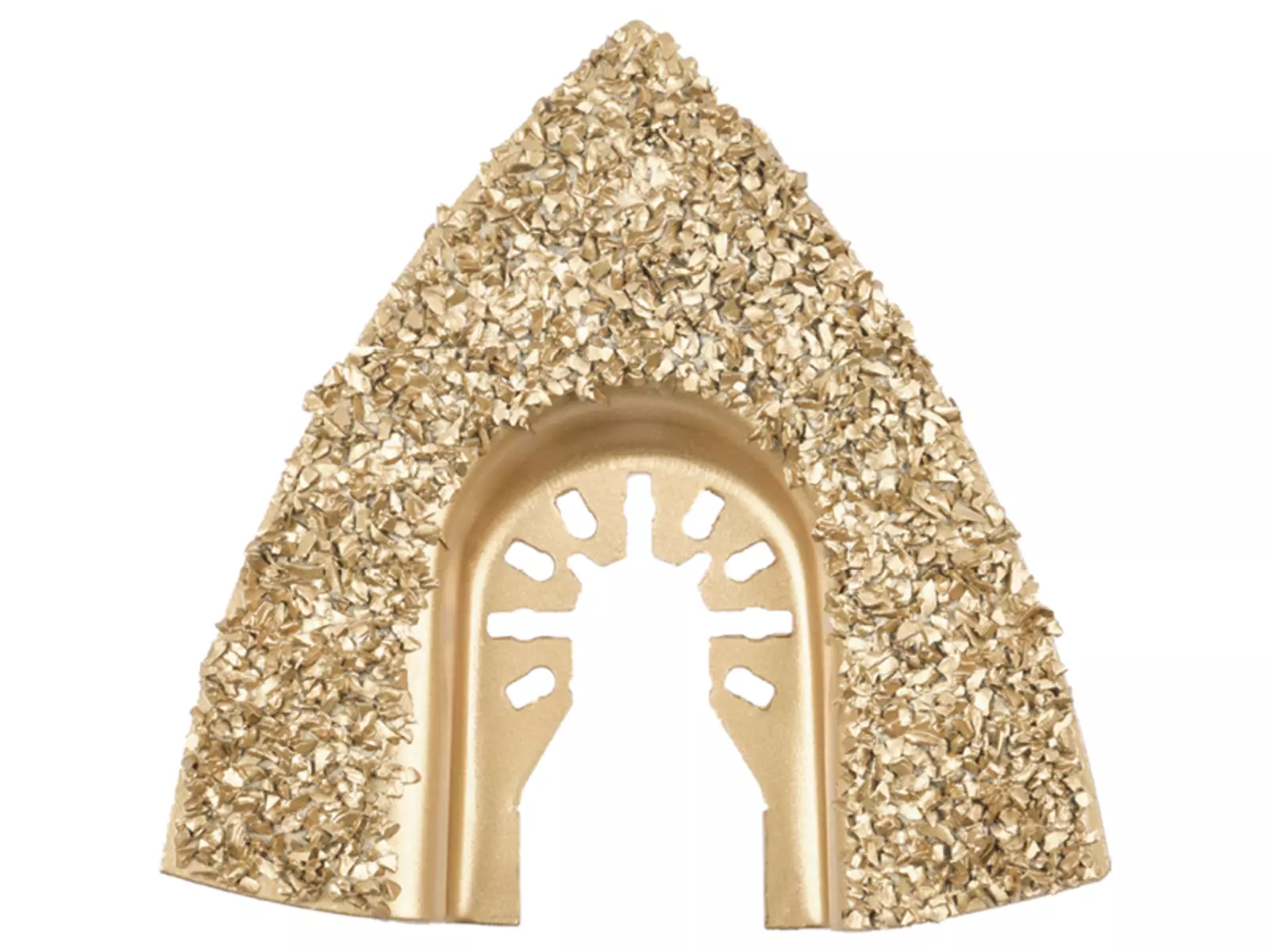 Frontalansicht einer goldfarbenen Delta-Raspel mit robuster Hartmetallbestreuung und Open-Back-Aufnahme für Multitools.