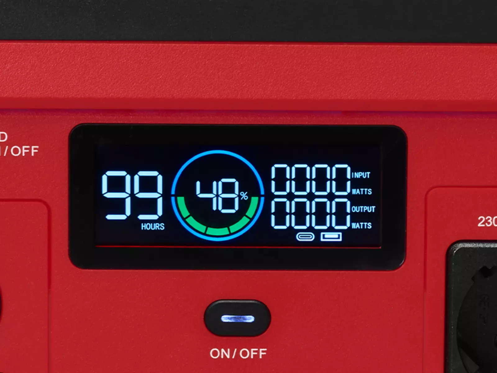 The Einhell energy station TE-ES 300/240 with color display shows 48% charge, 99 hours, and input and output power.