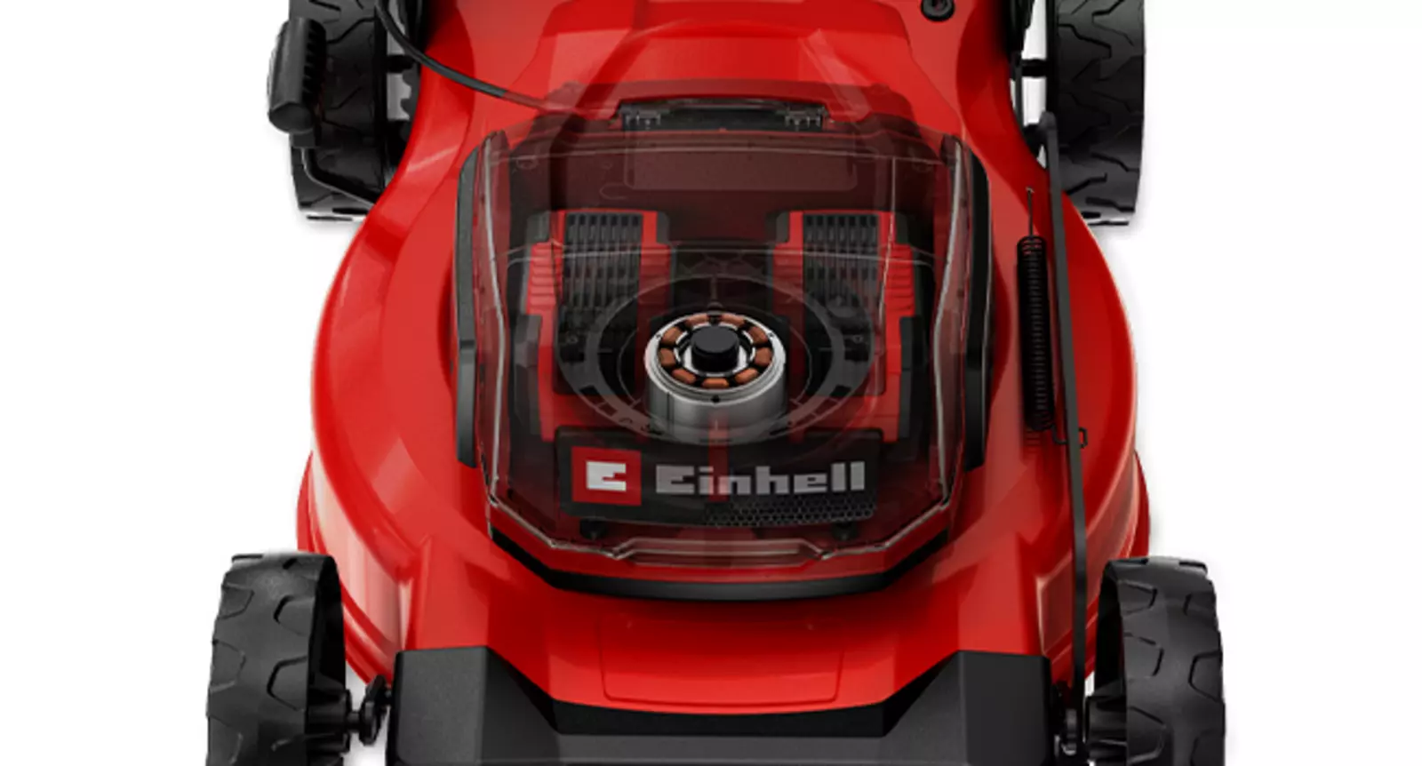 Vista de cima do Einhell corta-relva a bateria GC-CM 36/51 S Li BL (2x5,2Ah) com motor Brushless visível sob cobertura transparente.