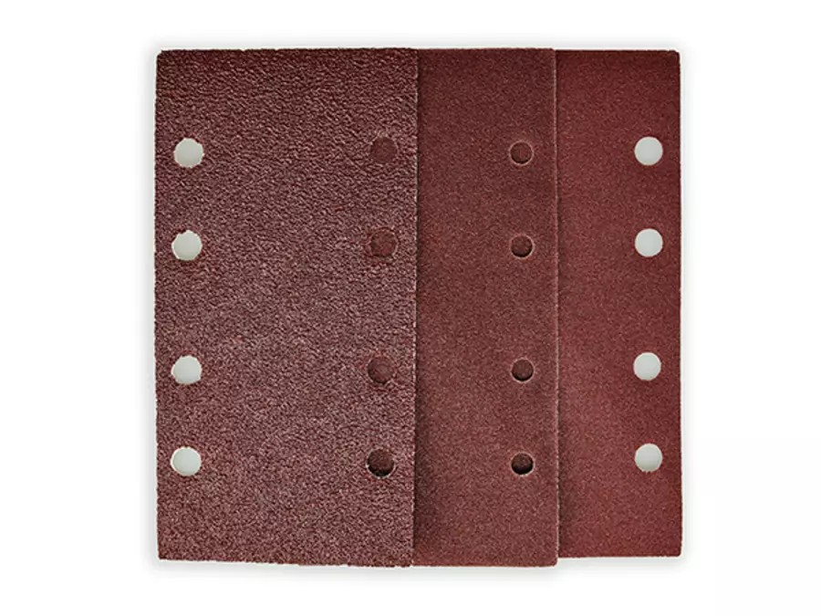 Accessories for the Einhell orbital sander TC-OS 250 with several rectangular sandpapers with holes.