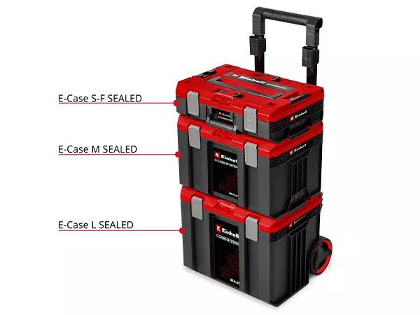 The Einhell E-Case Rolling Workshop SEALED as a stacked case system labelled with sizes S, M and L.