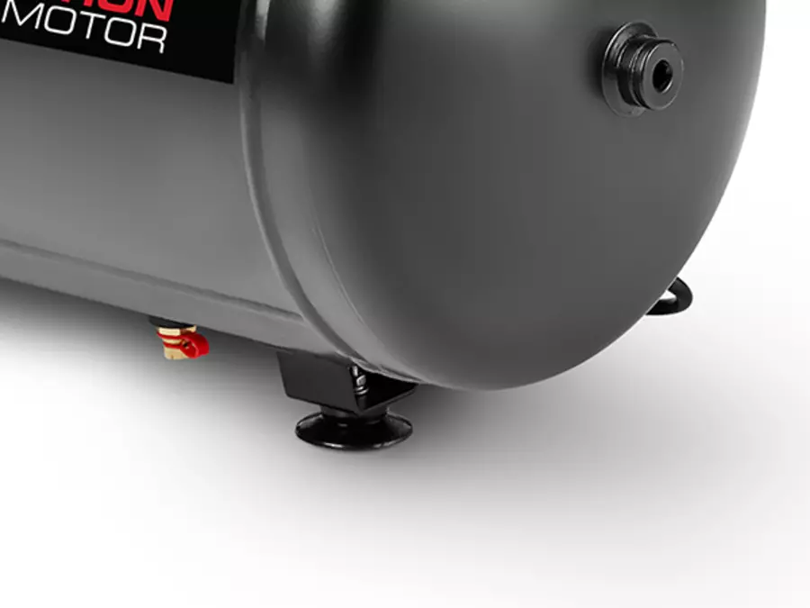 Seitlicher Blick auf den unteren Bereich des Einhell Kompressors TC-AC 270/50/10 mit stabilem Standfuß und Gummipuffer.