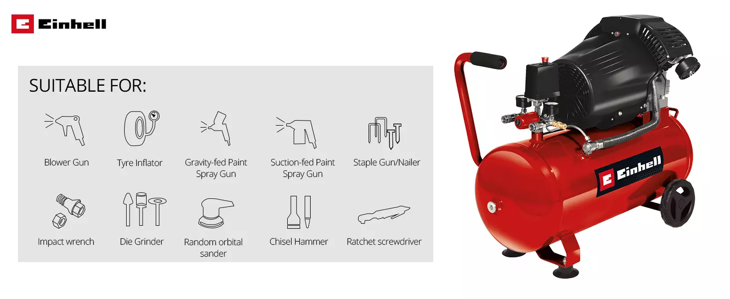 The Einhell compressor TC-AC 420/50/10 V on a white background with graphic showing suitability for blow gun, tyre inflator, paint spray guns (gravity feed and suction feed), stapler/nailer, impact wrench, die grinder, random orbital sander, air chisel and ratchet wrench.