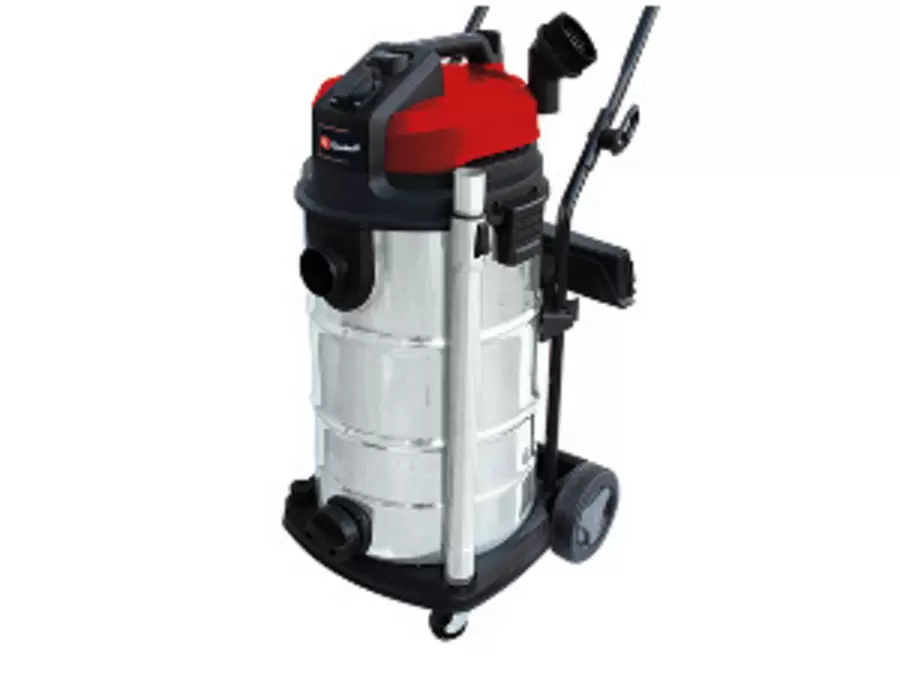 The Einhell wet and dry vacuum cleaner TE-VC 2340 SA on a white background, featuring a stainless steel container, hose connection and chassis.