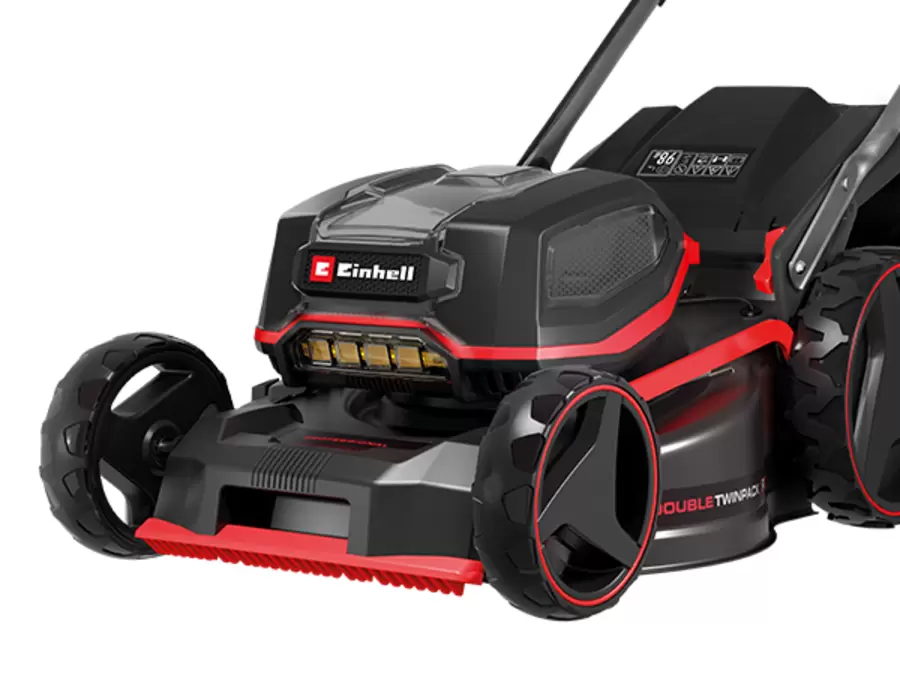 Front view of the Einhell Professional 36V 470mm Self-Propelled Steel Deck Lawn Mower Kit with robust wheels and visible LED light.