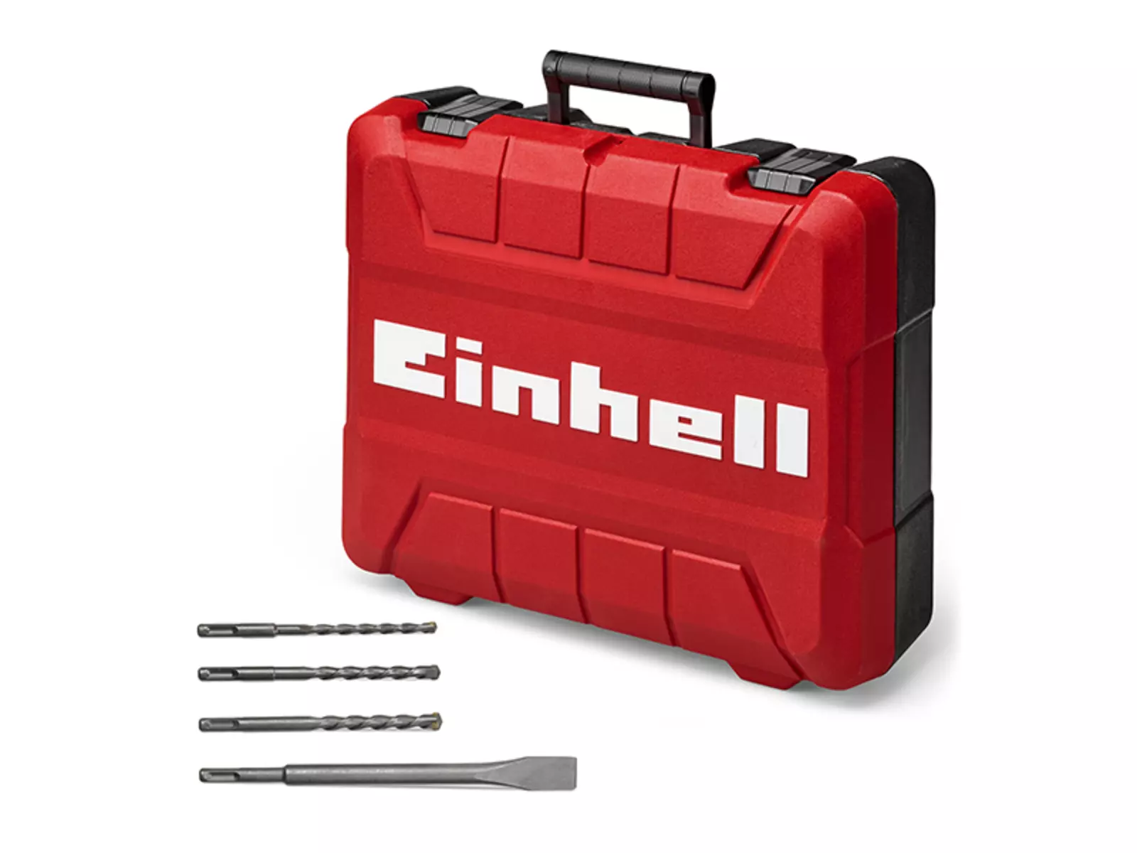 The Einhell rotary hammer TE-RH 34/6 4F +4 with a red carrying case. In front of it are three drill bits and a flat chisel.