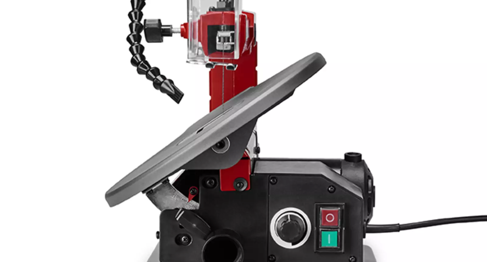 Vista lateral de la sierra de marquetería TC-SS 406 E de Einhell con mesa de trabajo inclinada.