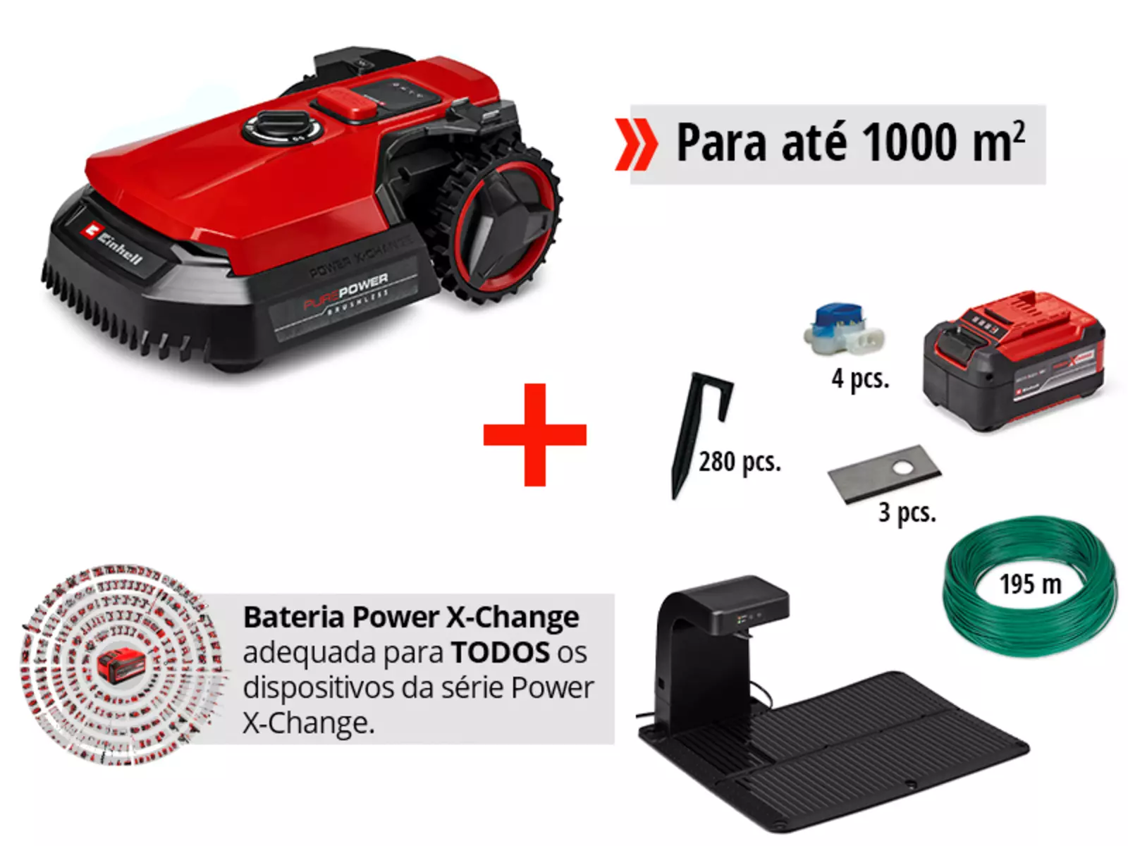 O Einhell robô de relva FREELEXO 1000 com acessórios: Bateria, estação de carregamento, 280 ganchos de fixação, cabo de perímetro de 195 m, 3 lâminas e 4 abraçadeiras de cabos; adequado para relvados de até 1000 m².