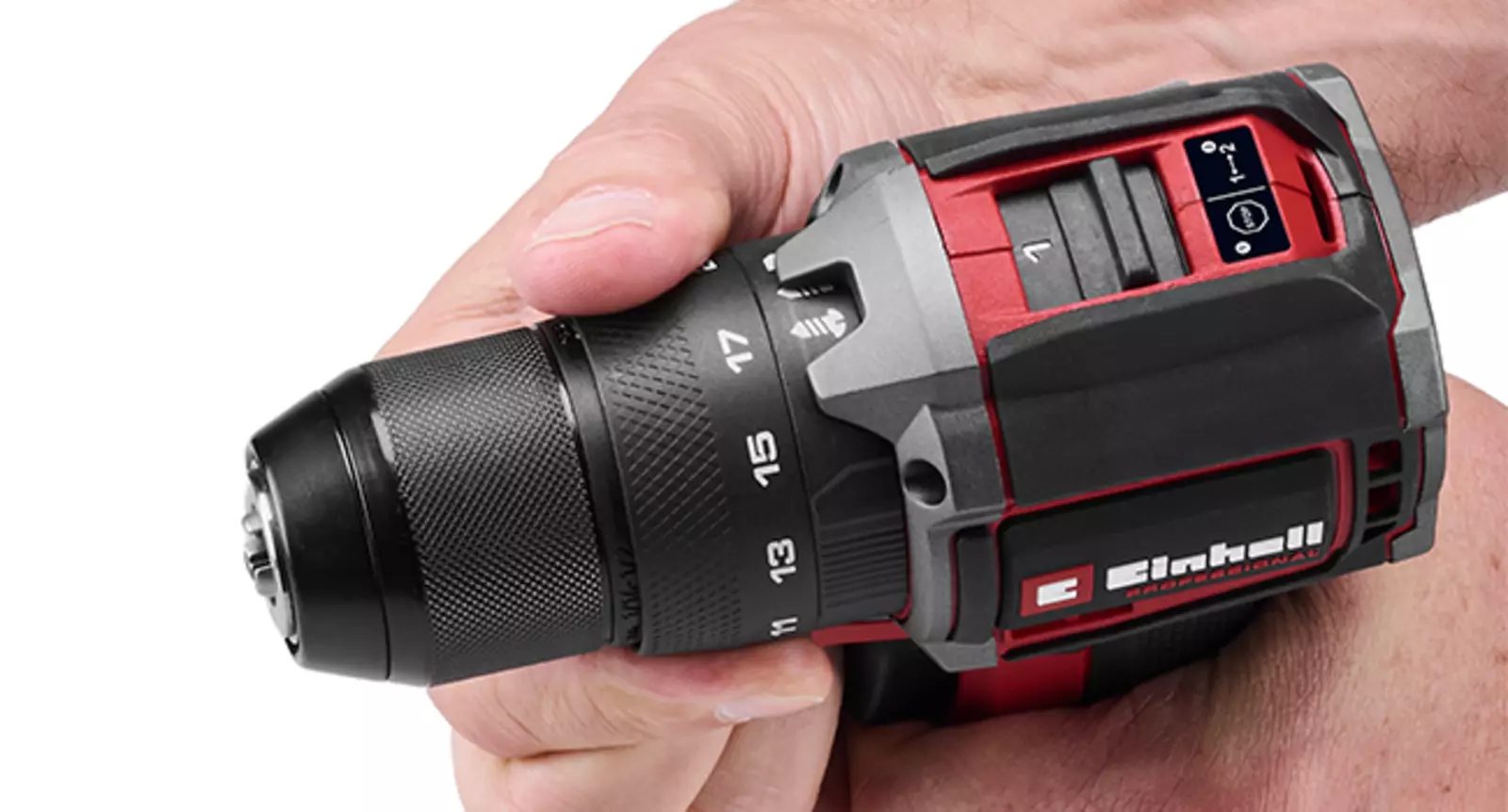 A detailed view of the Einhell Professional cordless impact drill TP-CD 18/50-C Li-i BL (2x3Ah) focusing on the adjustment ring for the three functions screwdriving, drilling, and impact drilling on a white background.