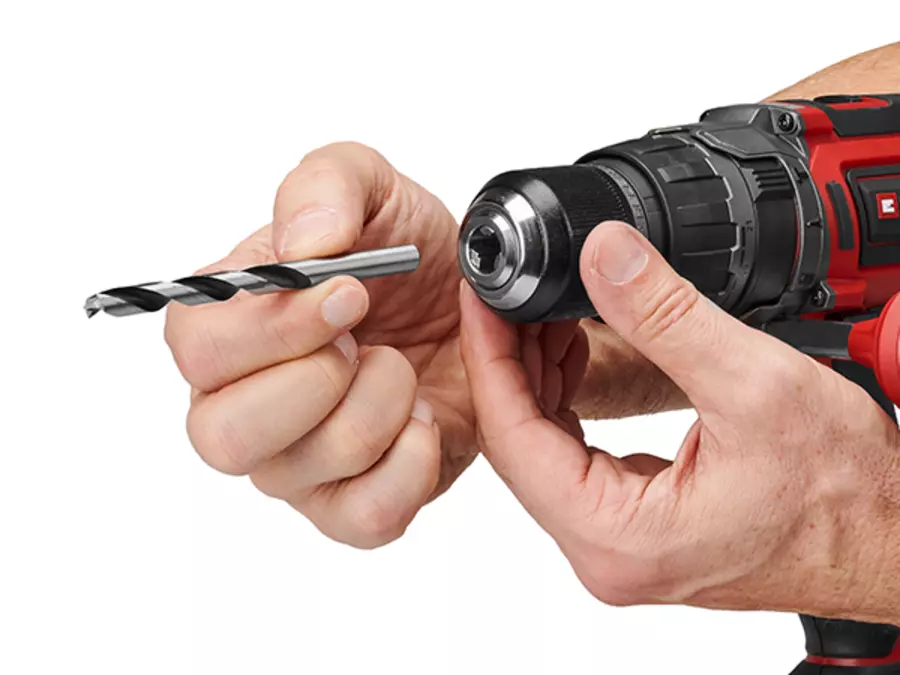 The Einhell TP-CD 18/70 Li-i BL cordless impact drill with metal drill chuck when inserting a drill bit.