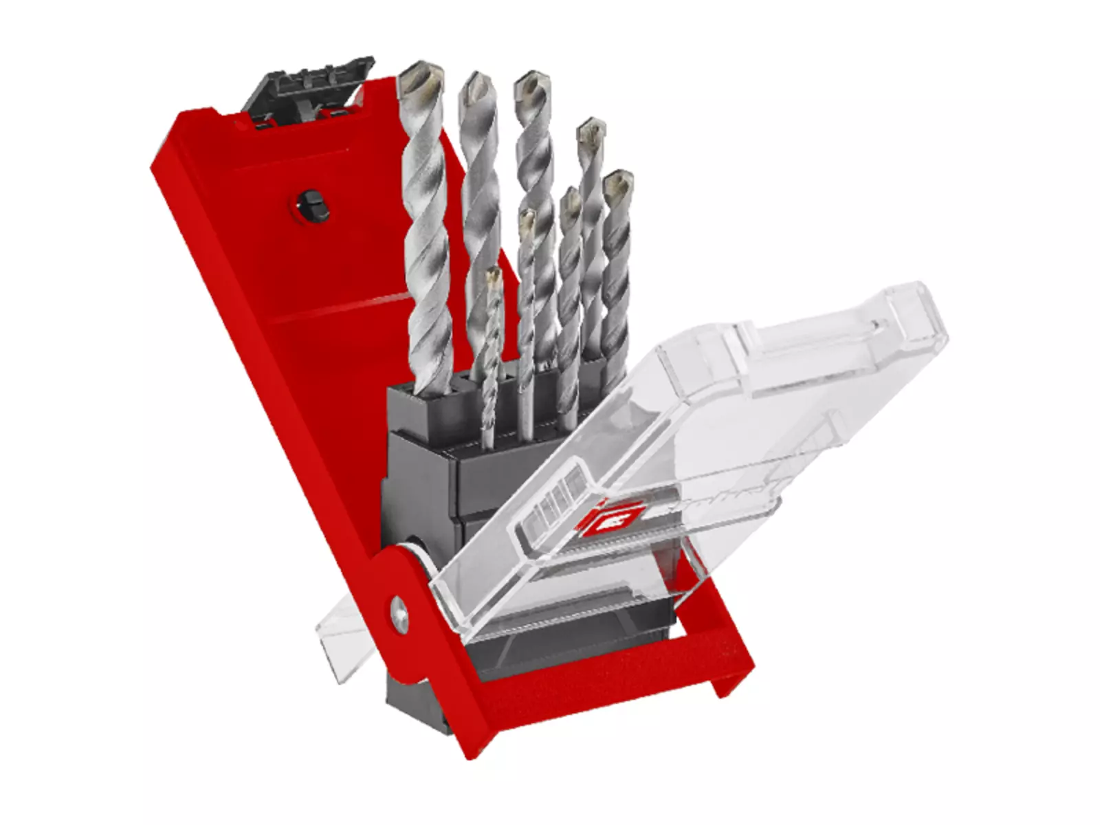 Open drill bit case with stand-up function and eight masonry drill bits in different sizes on a white background.
