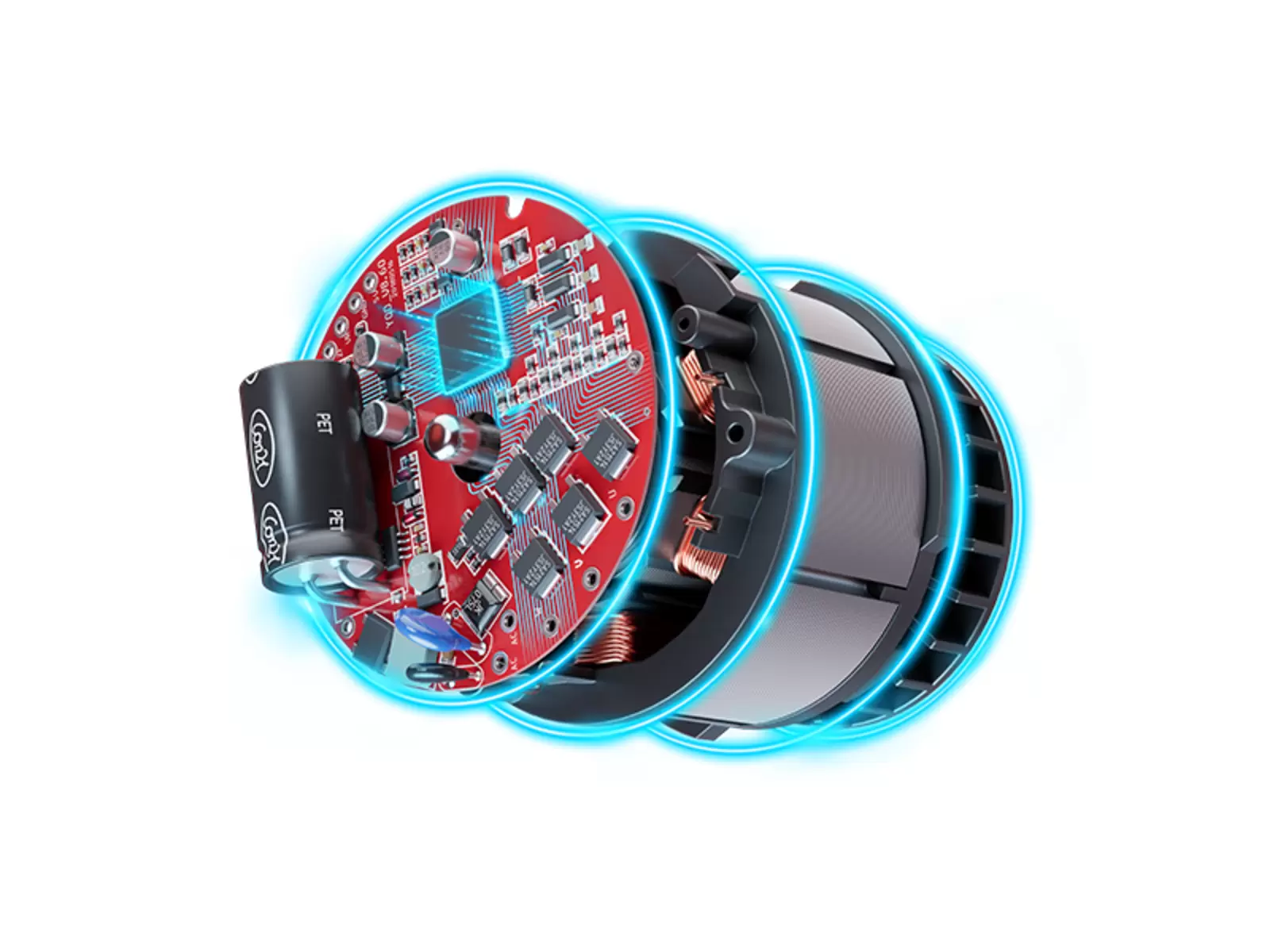 An illustration of an Einhell brushless motor, showing the red control board and the robust copper windings inside the electric motor.