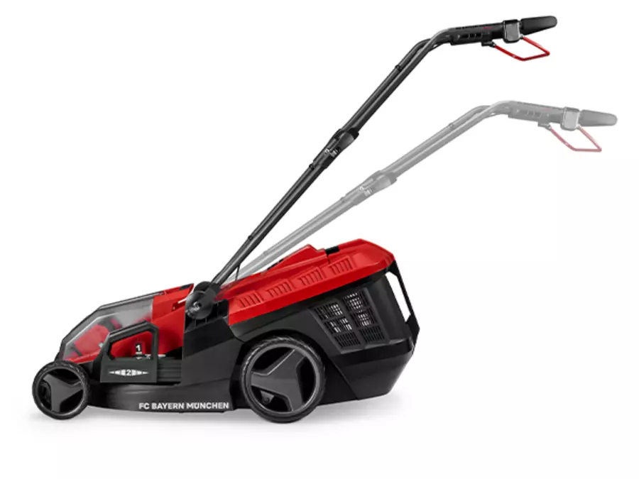 Akumulátorová sekačka Einhell GE-CM 36/36 Li Kit – FCB zobrazená z boku na bílém pozadí.