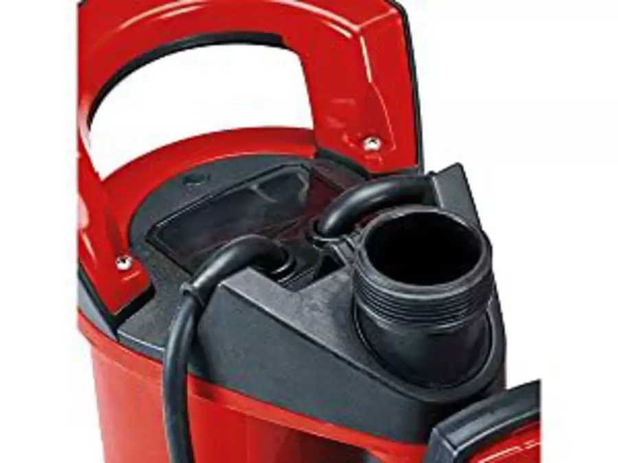 Top view of the Einhell submersible pump with an ergonomic carrying handle and hose connection.