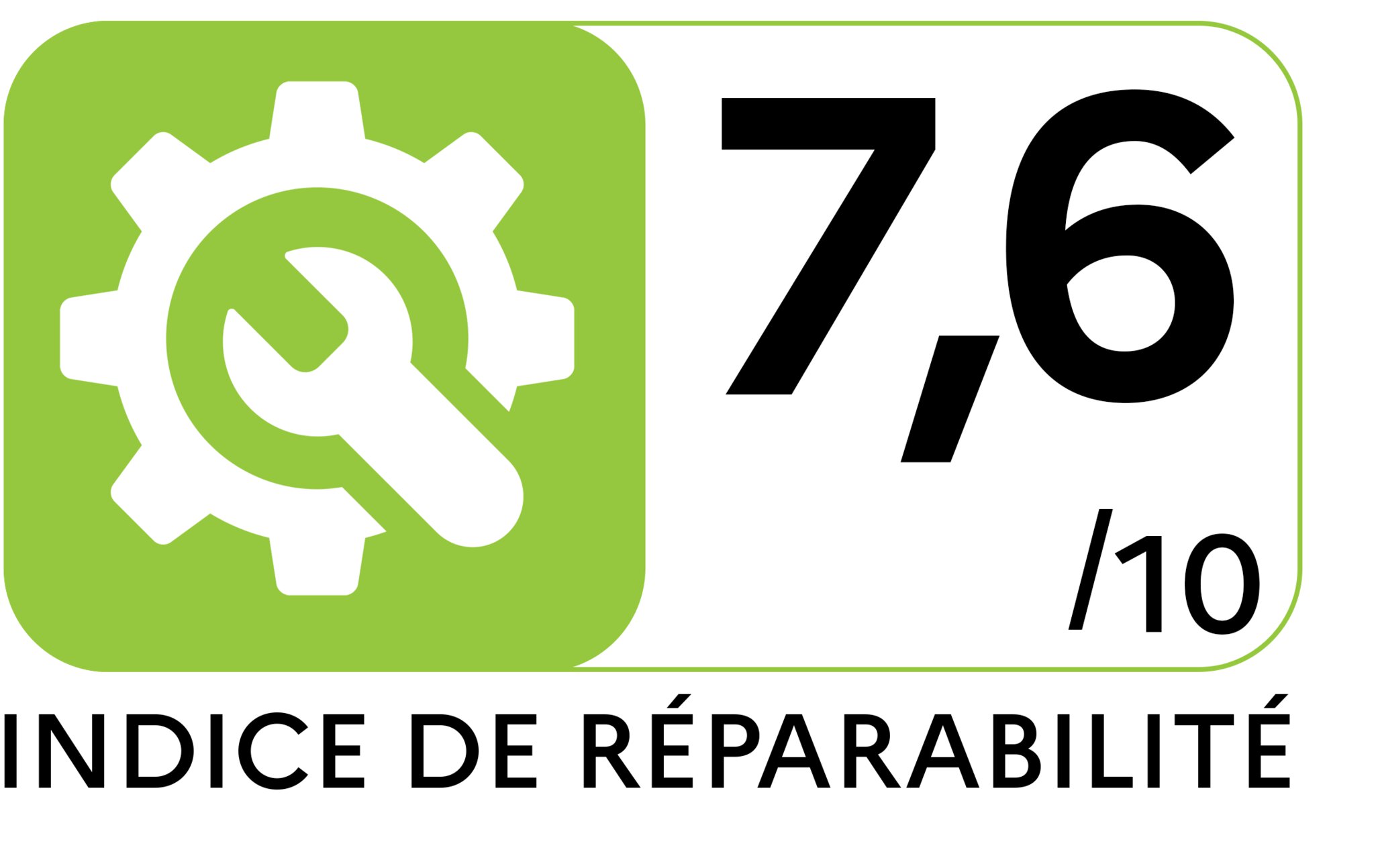 Logo de l'indice de réparation avec une roue dentée blanche et une clé à molette sur fond vert, à côté d'une note sur une échelle de 1 à 10. L'indice de réparation est de 7,6.