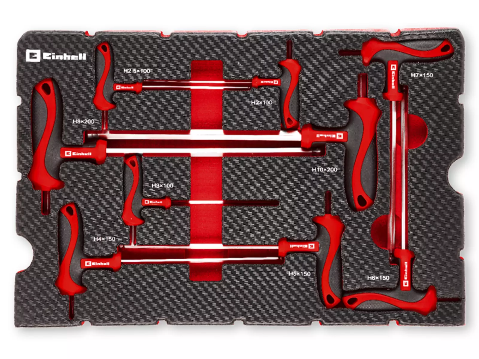 E-Case insert in carbon look with 9 red and black T-handle screwdrivers by Einhell, each marked with printed size.