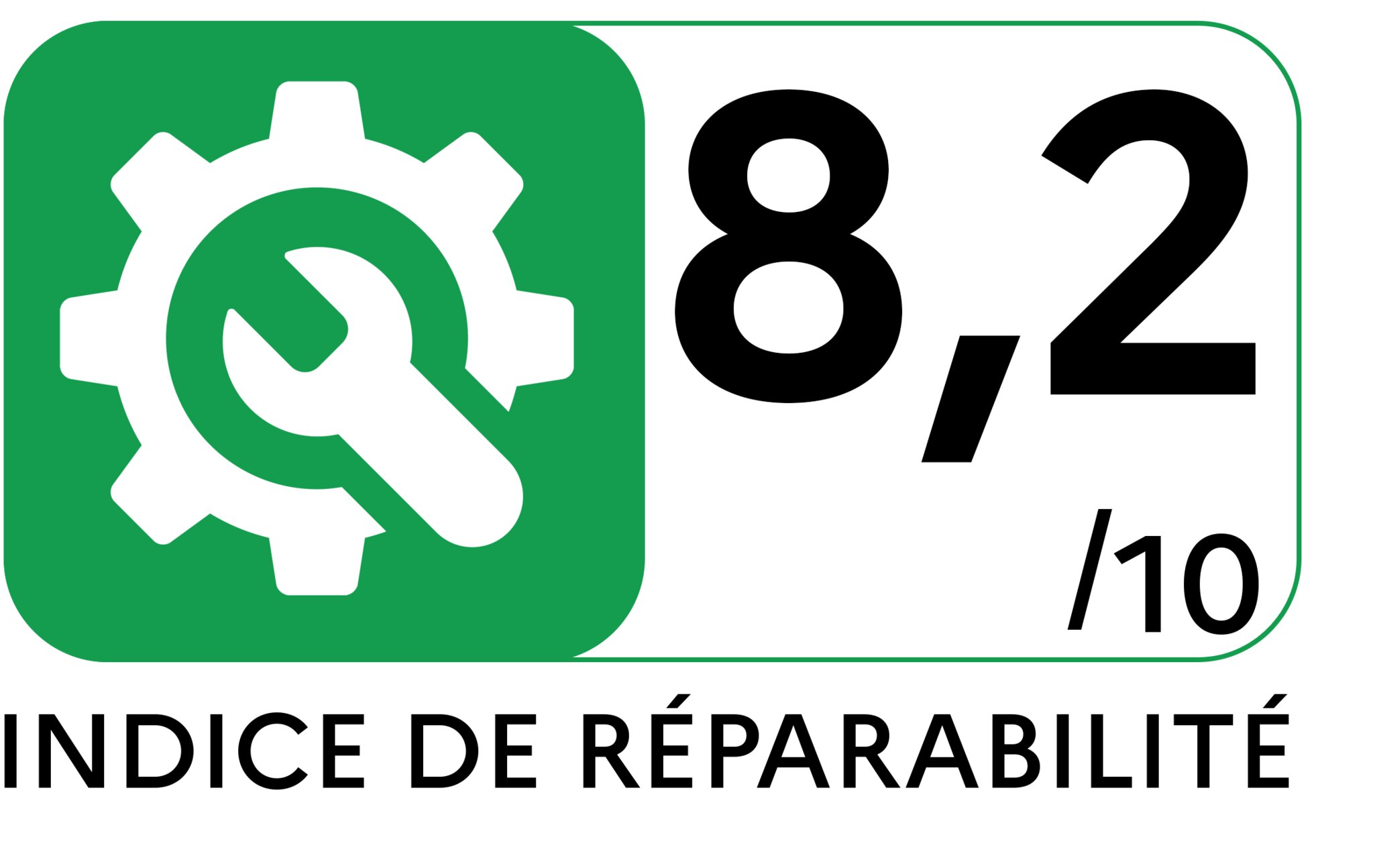 Repairability index logo with a white gear and wrench on a green background, next to a score on a scale from 1 to 10. The repairability index amounts 8,2.