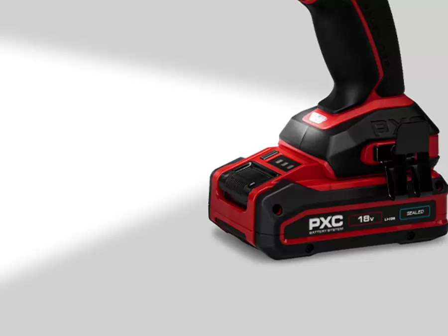 The Einhell Professional cordless drill TP-CD 18/70-C Li BL – Solo with LED light switched on below the chuck.