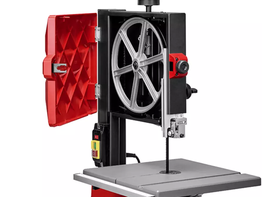 Interior view of the Einhell band saw TC-SB 245/1 L with the housing opened for easy saw blade replacement.