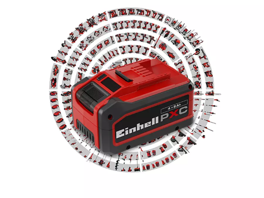 The Einhell Power X-Change battery surrounded by compatible devices of the system range.