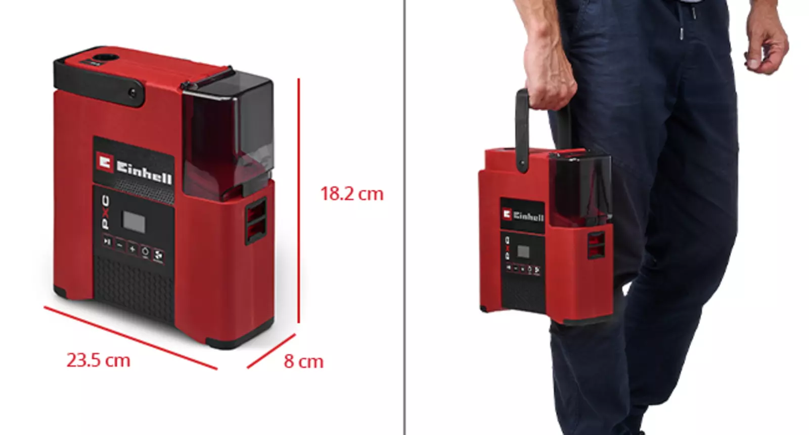 O compressor a bateria SUPPERO 18/380 da Einhell com dimensões: 23,5 cm de largura, 18,2 cm de altura, 8 cm de profundidade. À direita, um homem segura o aparelho pela pega.