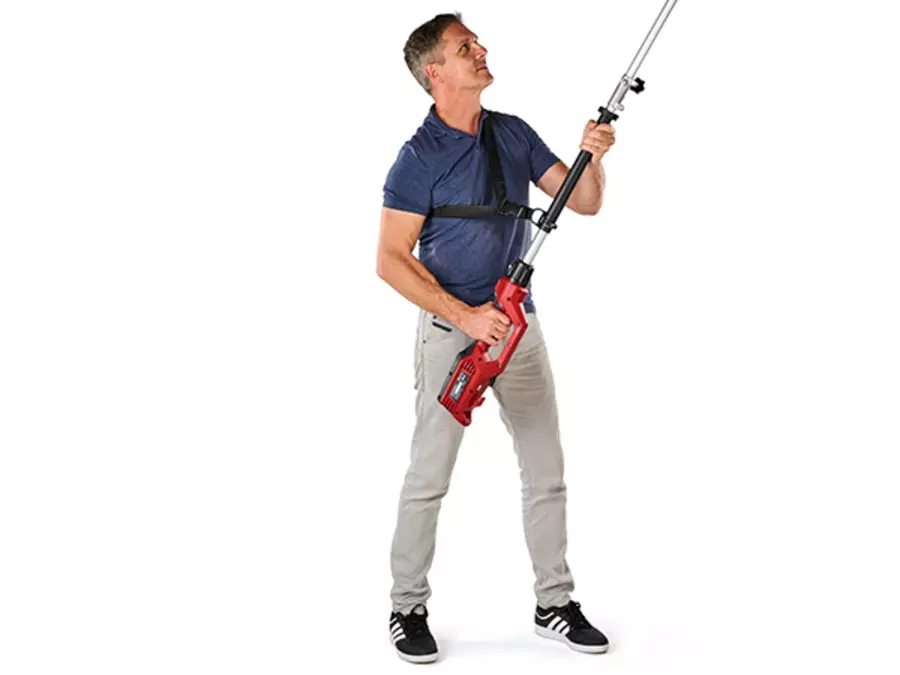 Carrying strap of the Einhell electric pole hedge trimmer/saw GC-HC 90/2046 T on white background.
