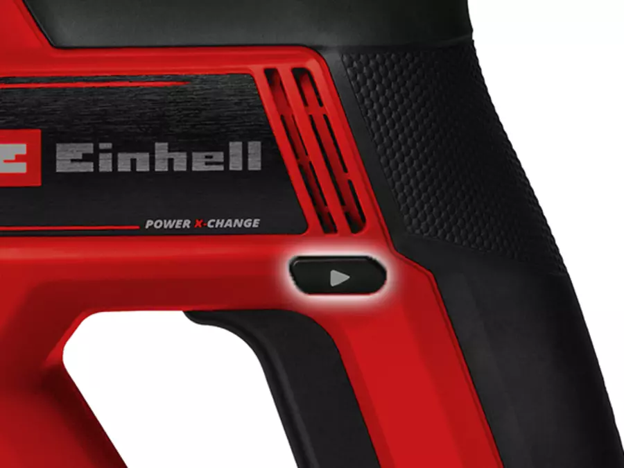 Seitliche Nahaufnahme des Logos und Gehäuses der Einhell Akku-Bohrhammers TE-HD 18/20 Li - Solo.