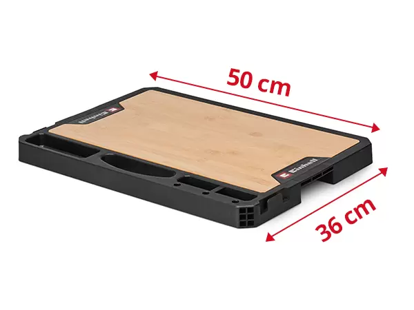Einhell Pro System Work Table showing overall dimensions of 50 cm length and 36 cm width.