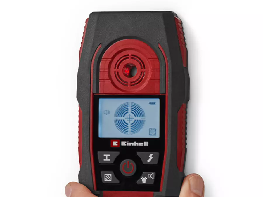 The display of the digital detector TE-MD 80 shows the recognized materials such as metal, wood or power lines using the light ring.